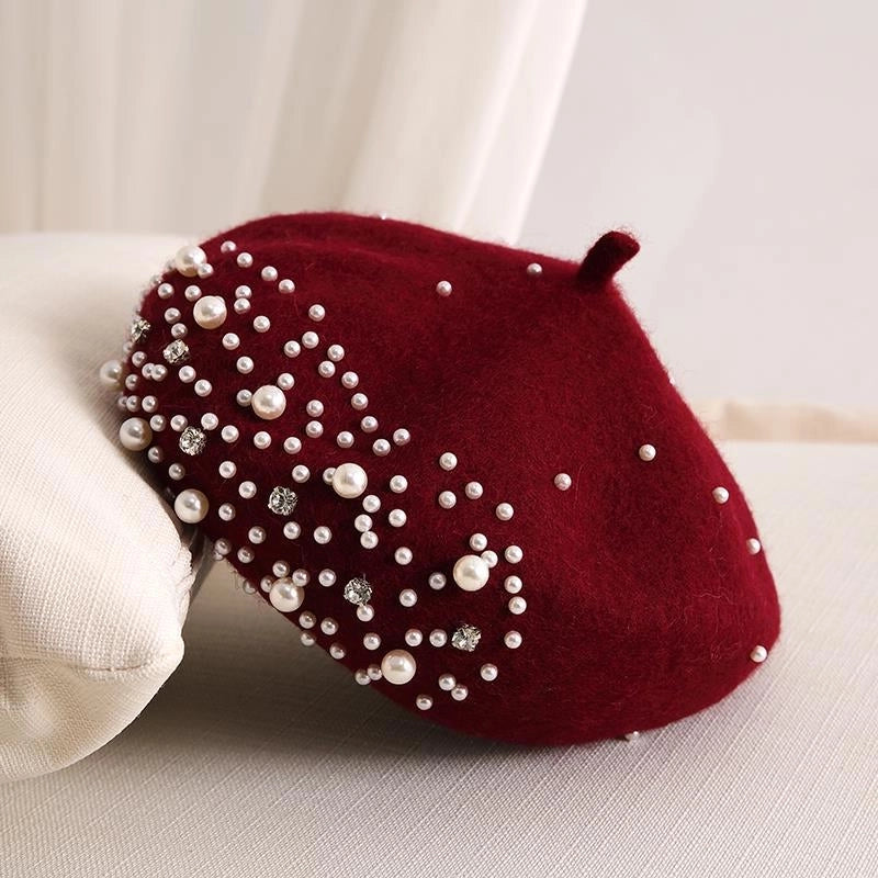 Style Pearl Rhinestone Wool Beret Women's Autumn And Winter British Style Retro Korean Style Japanese Style Western Style Painter Hat