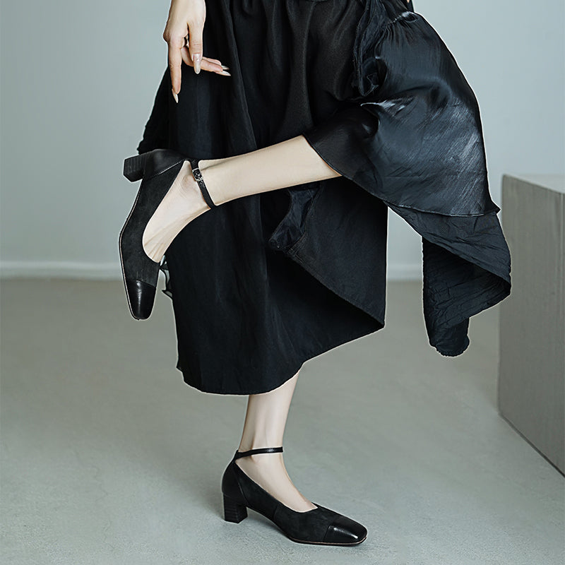 Elegant Washed Horsehide 45mm Block Heel Suede Mary Jane Shoes in Black/Red