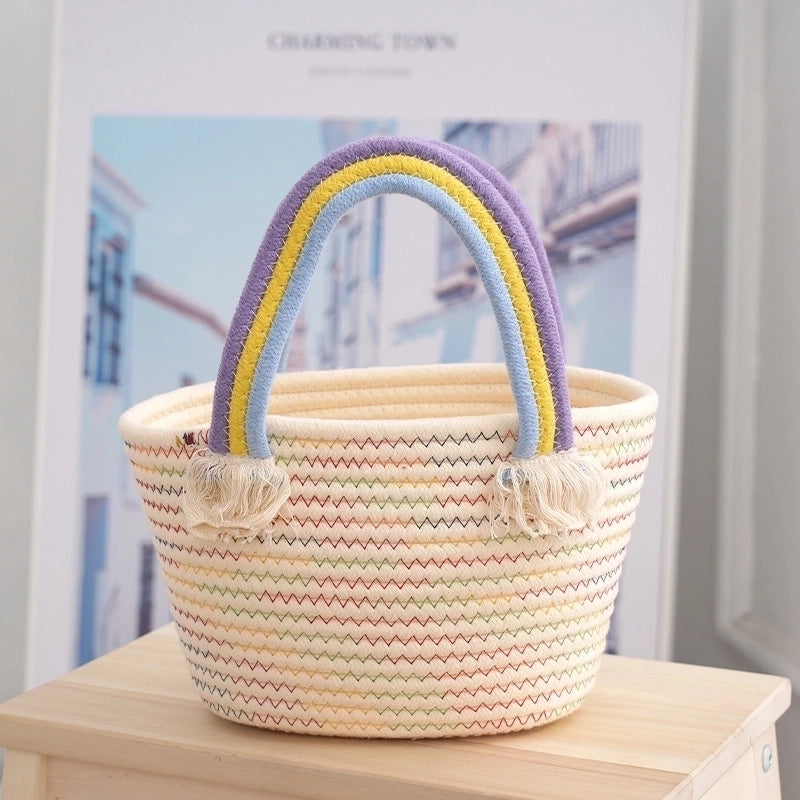Women's Medium Cotton Rainbow Solid Color Vacation Beach Weave Bucket Open Straw Bag