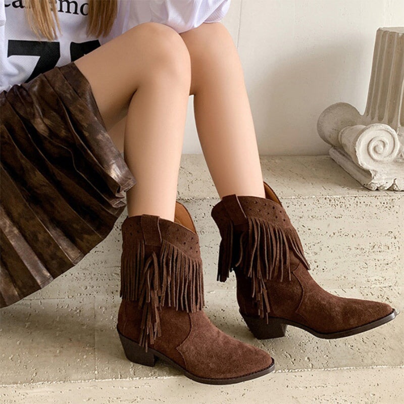 Western Point Toe Cowgirl Boots With Tassels Handmade Boots in Black/Brown/Coffee