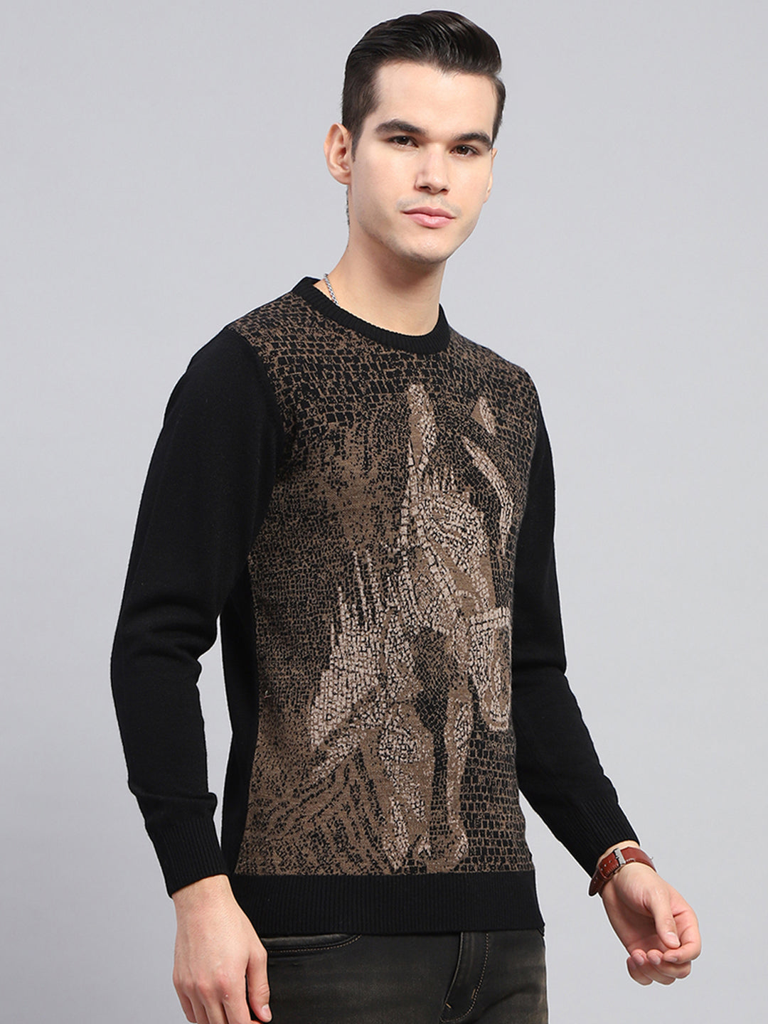 Men Black Self Design Round Neck Full Sleeve Pullover