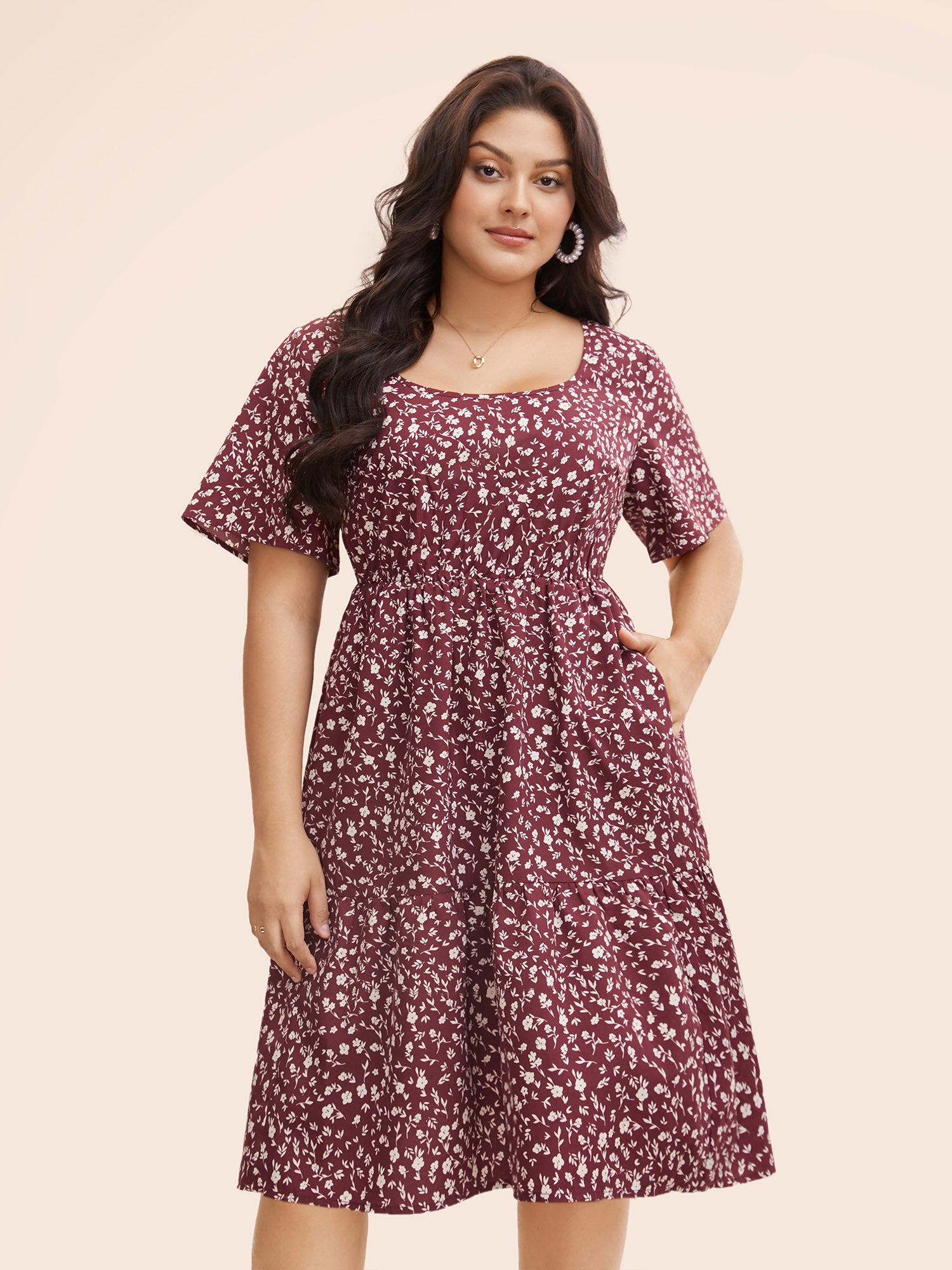 Ditsy Floral U Neck Ruffle Sleeve Dress