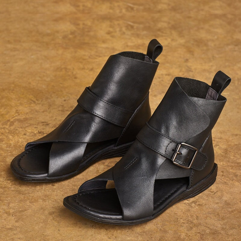 Handmade Leather Peep Toe Roman Flat Sandals Gladiator Boots with Buckle in Black/Coffee