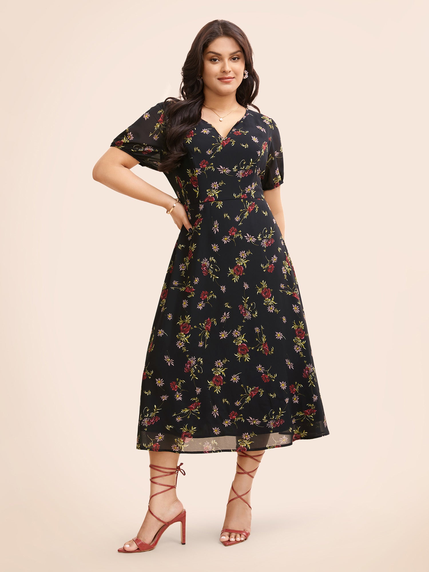 Floral Notched Chiffon Mesh Midi Dress