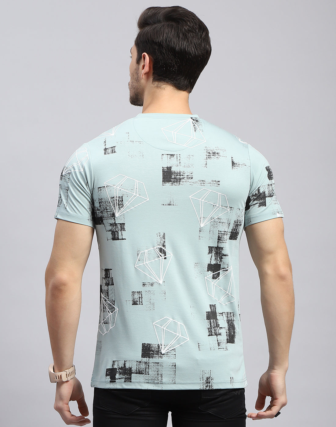 Men Sky Blue Printed Round Neck Half Sleeve T-Shirt