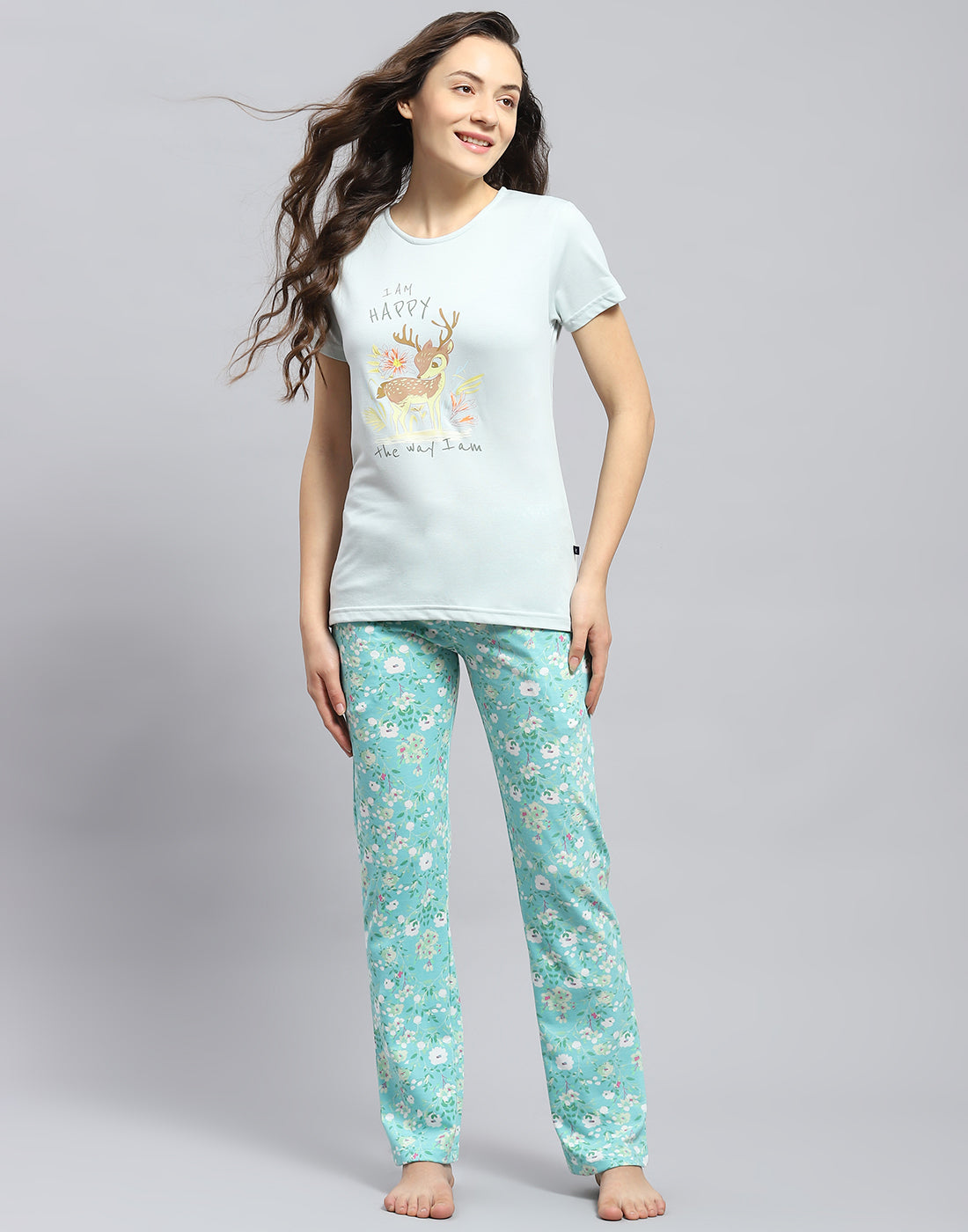 Women Sea Green Printed Round Neck Half Sleeve Lower Set