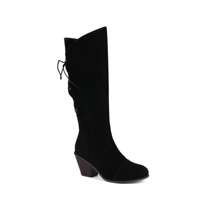 Patchwork Lace Up Round Toe Chunky Heels Knee High Boots