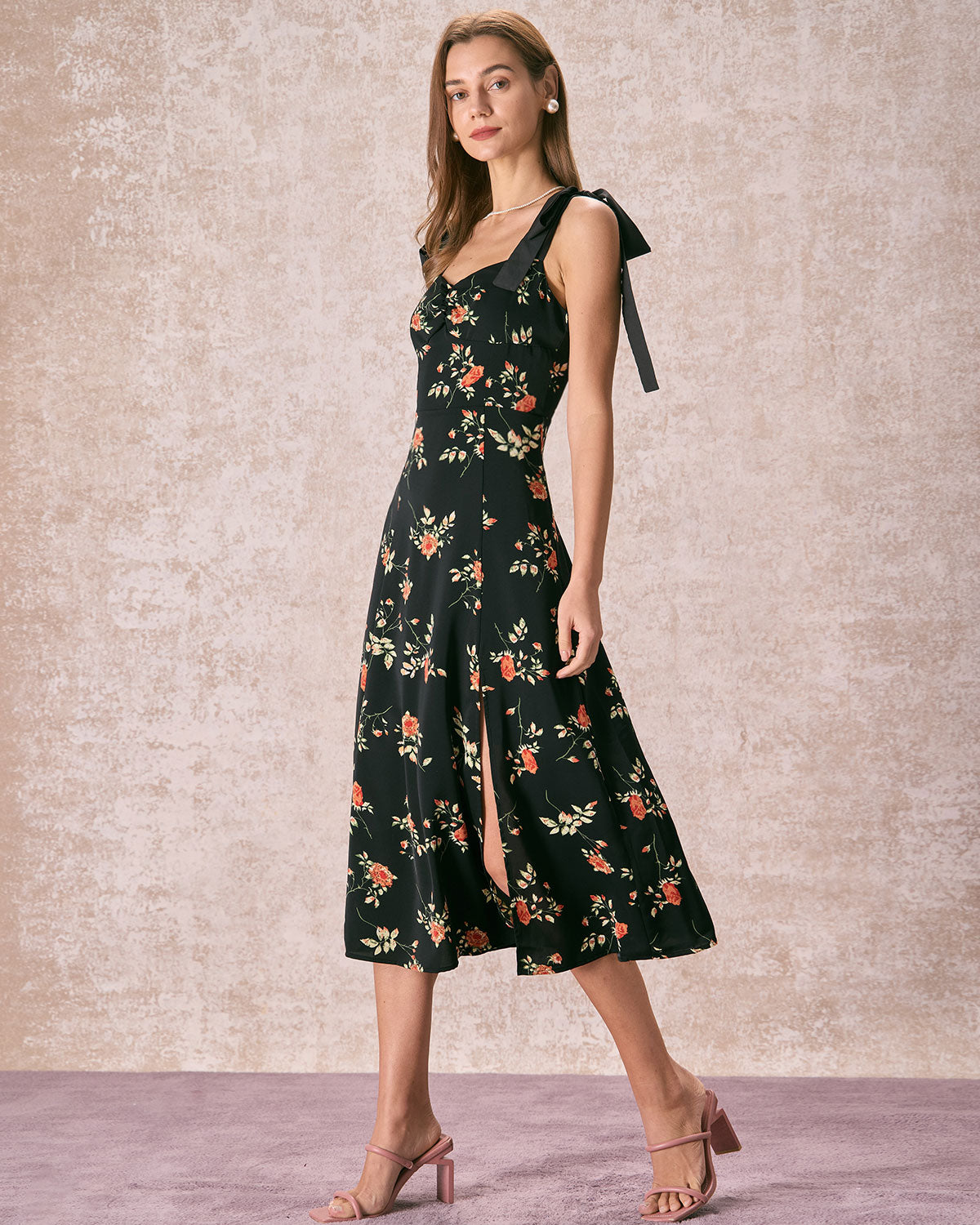 The Black Floral Ruched Tie Strap Slit Midi Dress