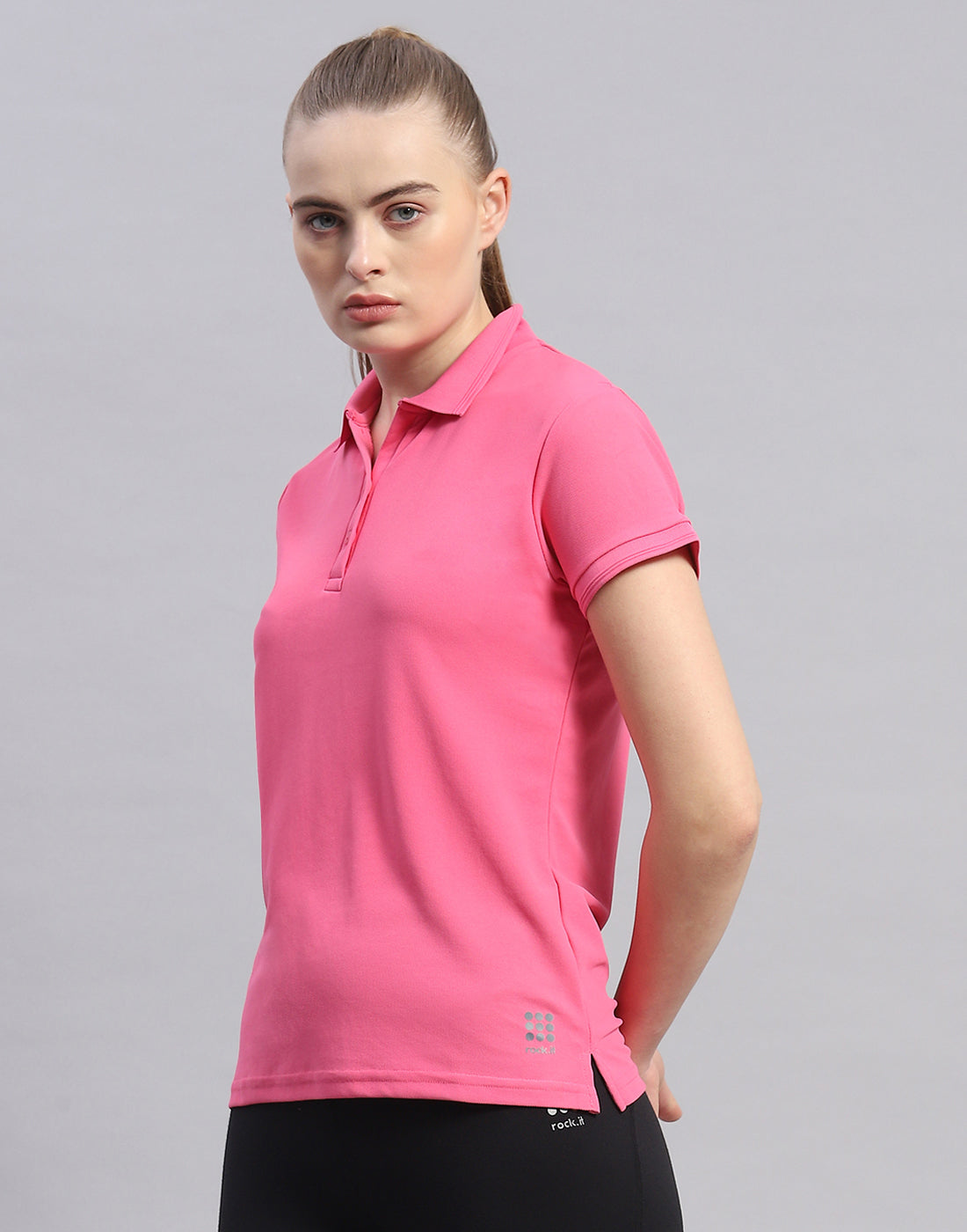 Women Pink Solid Polo Collar Half Sleeve T-Shirt