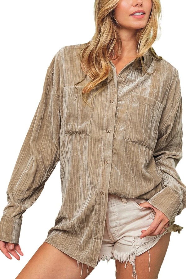 Golden Velvet Loose Fit Chest Pockets Buttoned Shirt