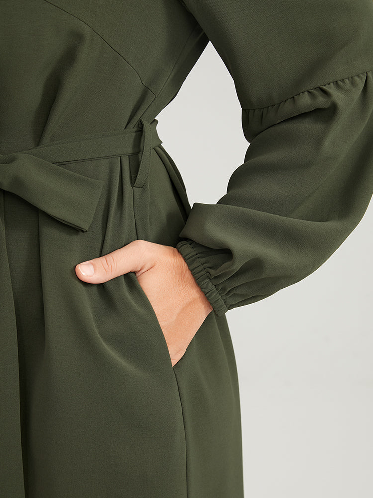 Solid Lantern Sleeve Button Pocket Belted Arc Hem Dress