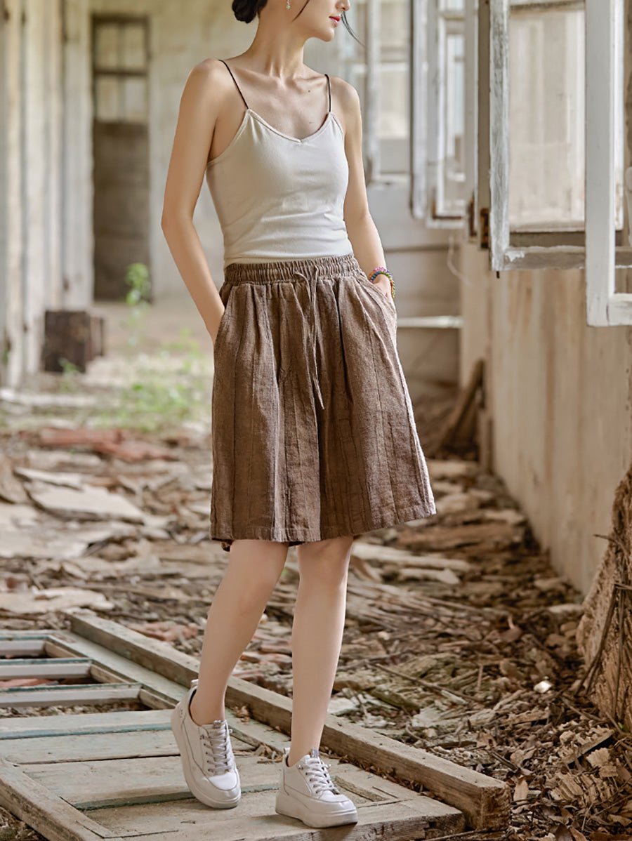 Women Summer Retro Pure Color Ramie Fifth Pants