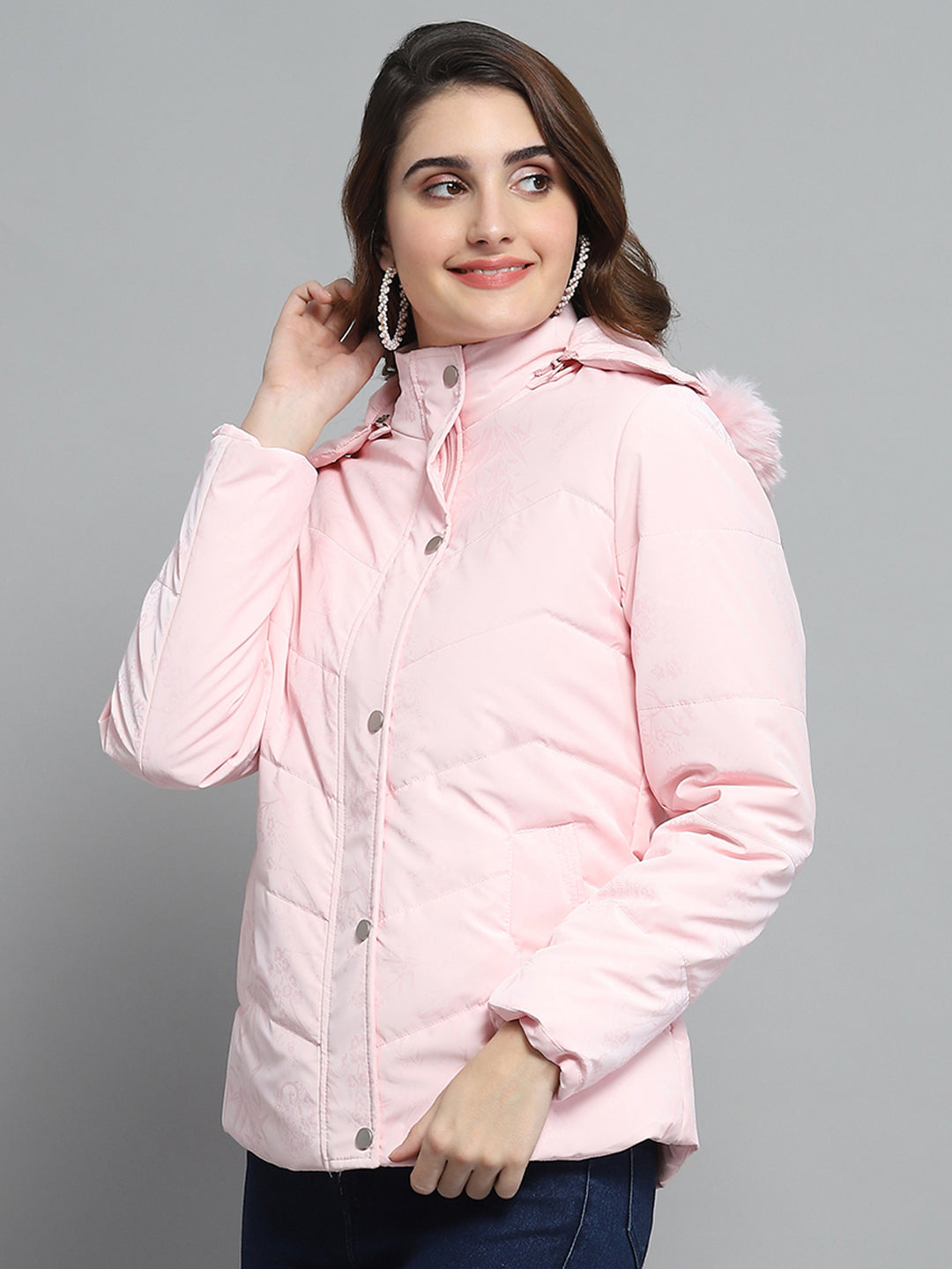 Women Pink Printed Detachable Hood Full Sleeve Jacket