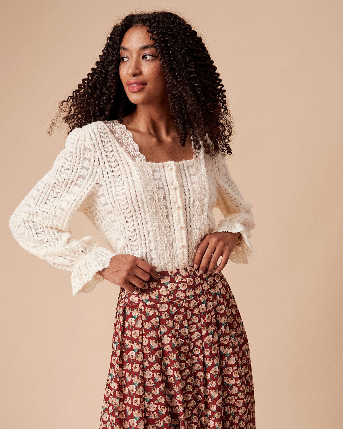 The Beige Solid Lace Trim Blouse