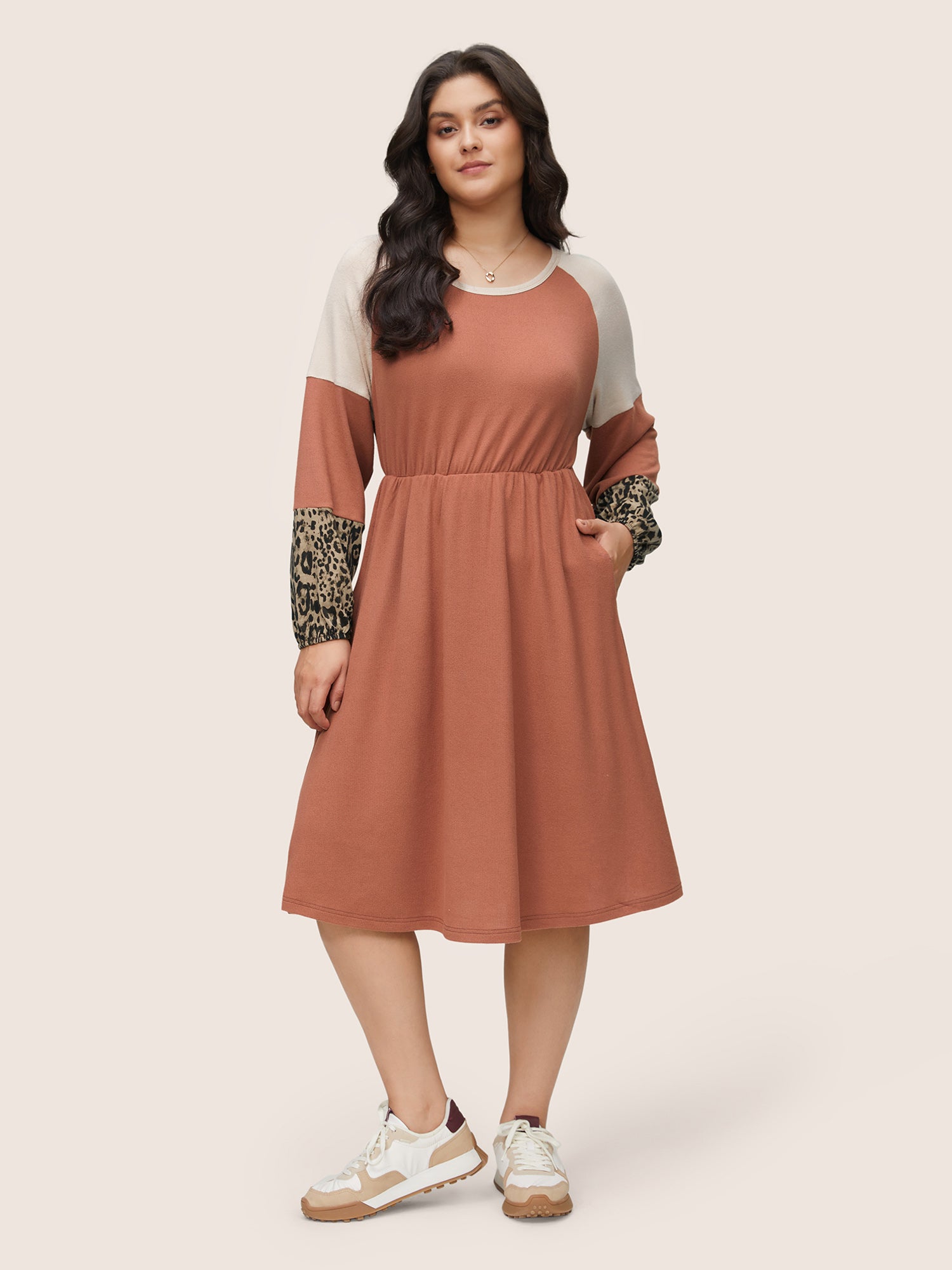 Colorblock Patchwork Leopard Raglan Sleeve Dress