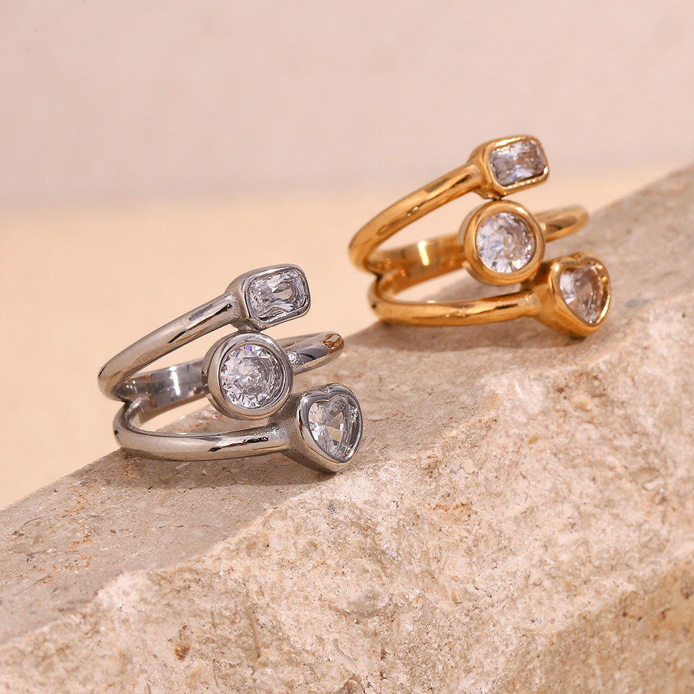 Fashion Personality Niche Design Hand Jewelry Stainless Steel Plated 18K Gold Multi-Layer Geometric Zircon Ring Female