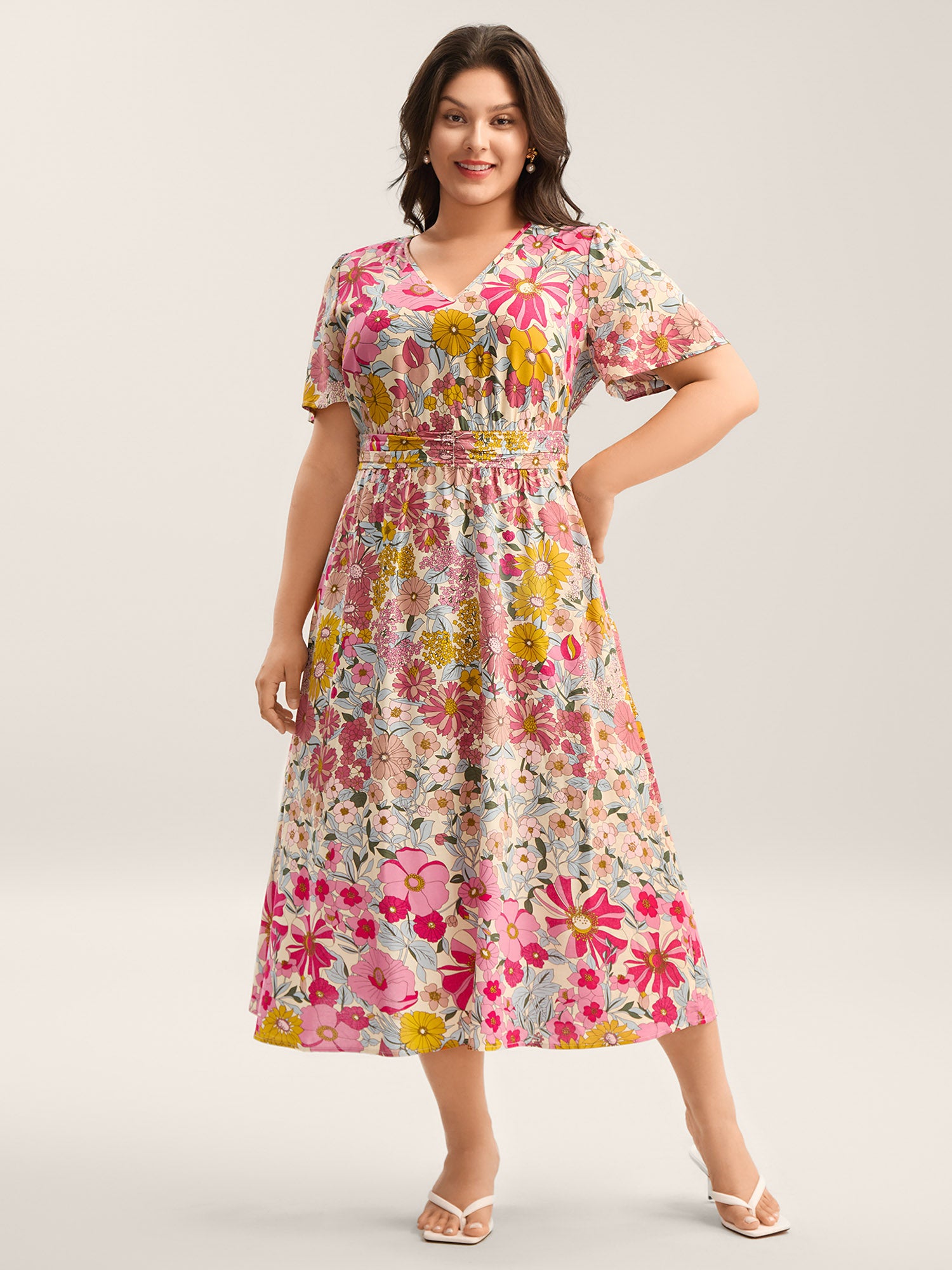 Vibrant Floral Print Pleated Waist Midi Dress