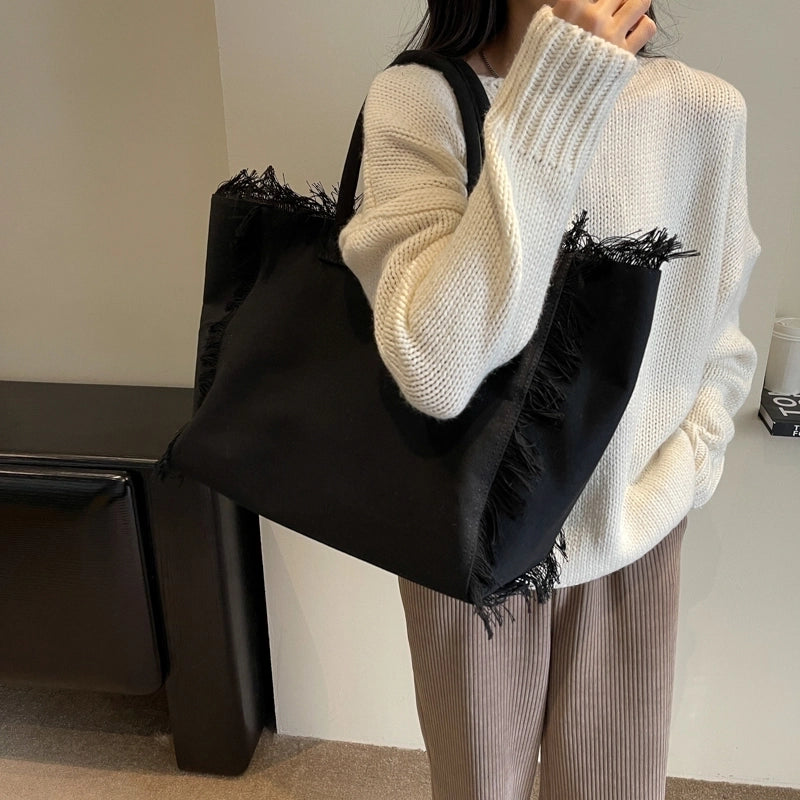 Women's Canvas Solid Color Basic Streetwear Sewing Thread Square Open Shoulder Bag Square Bag Underarm Bag