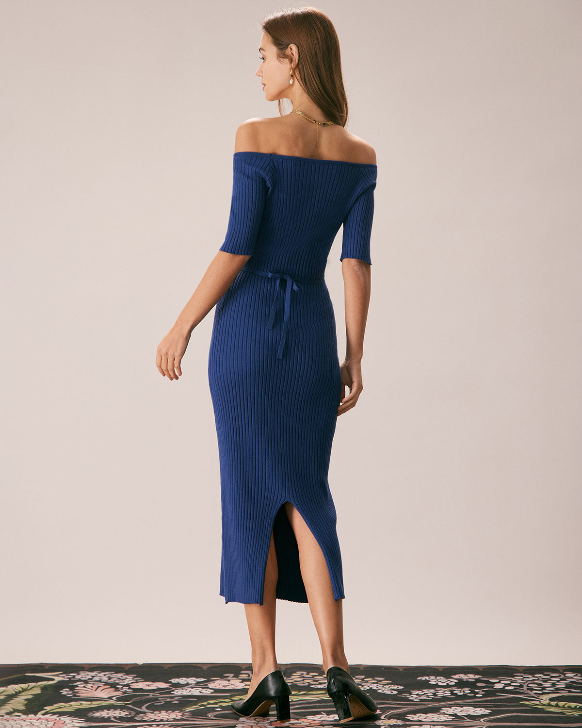 The Navy Off The Shoulder Sweater Midi Dress