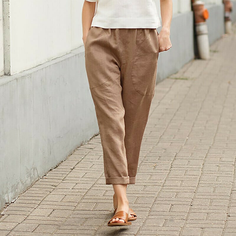 Solid Color Cotton and Linen Casual Pants with Pockets