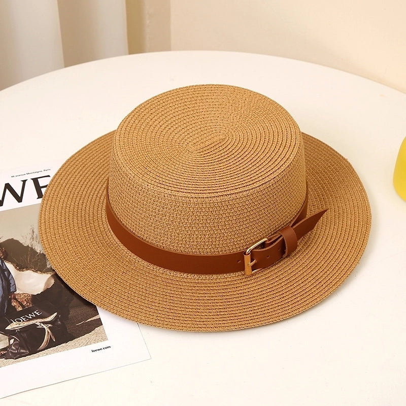 Women's Pastoral Solid Color Belt Buckle Wide Eaves Straw Hat
