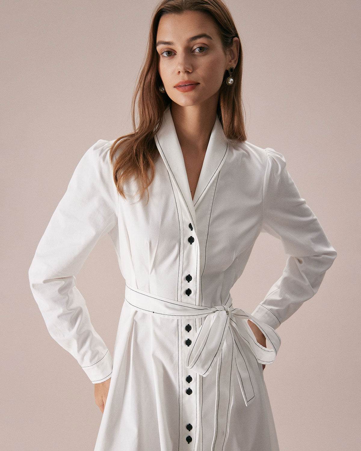 The White Lapel Contrast Stitch Midi Dress