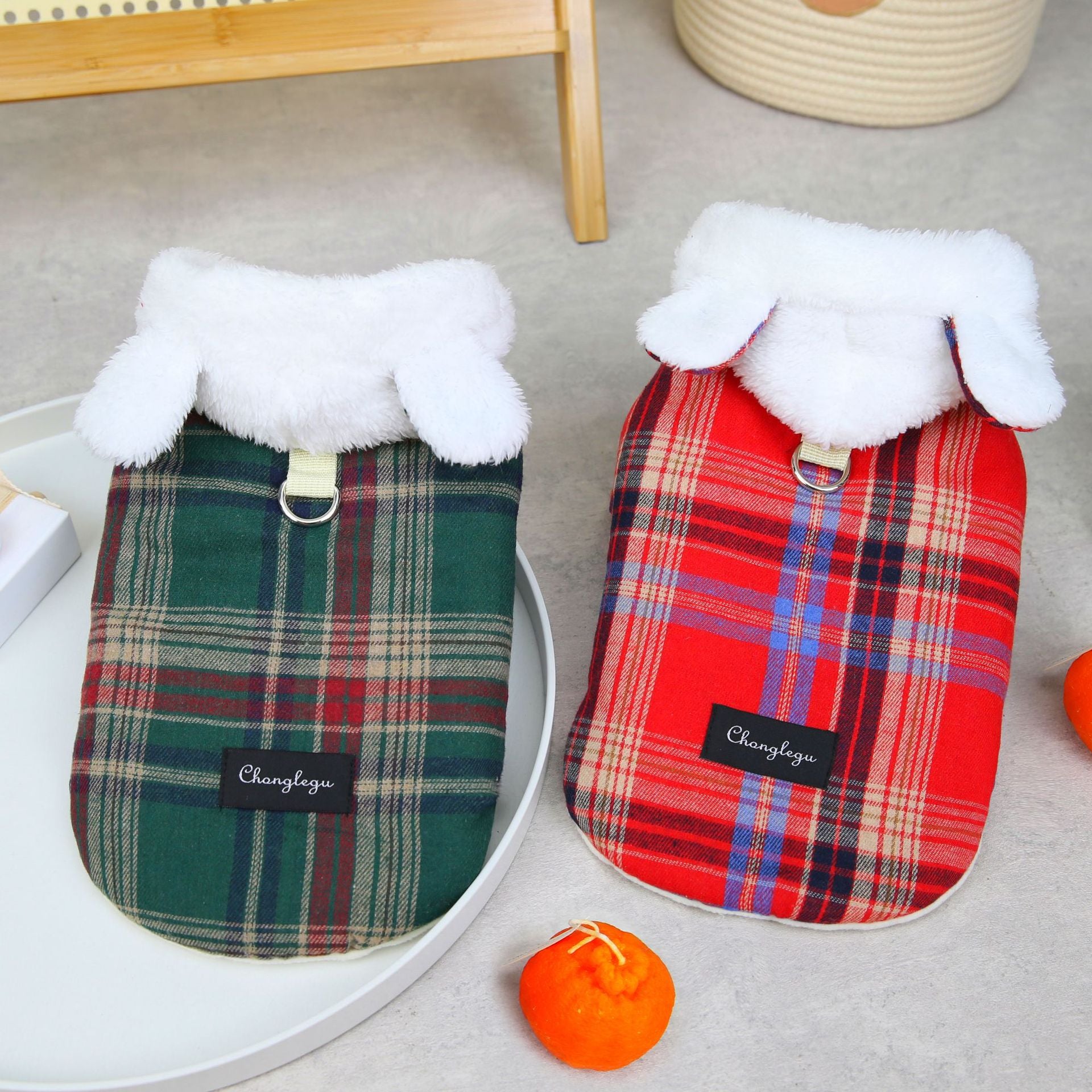 Plaid Pattern Ear Hooded Dog Cat Harness Jacket