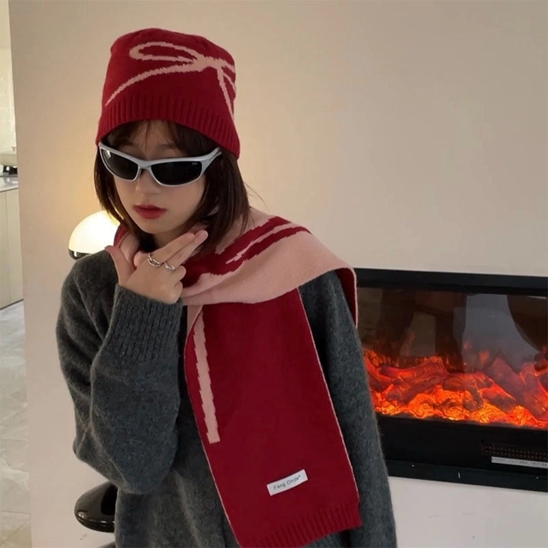 Women's Casual Minimalist Bow Knot Polyester Scarf Hat Wool Cap