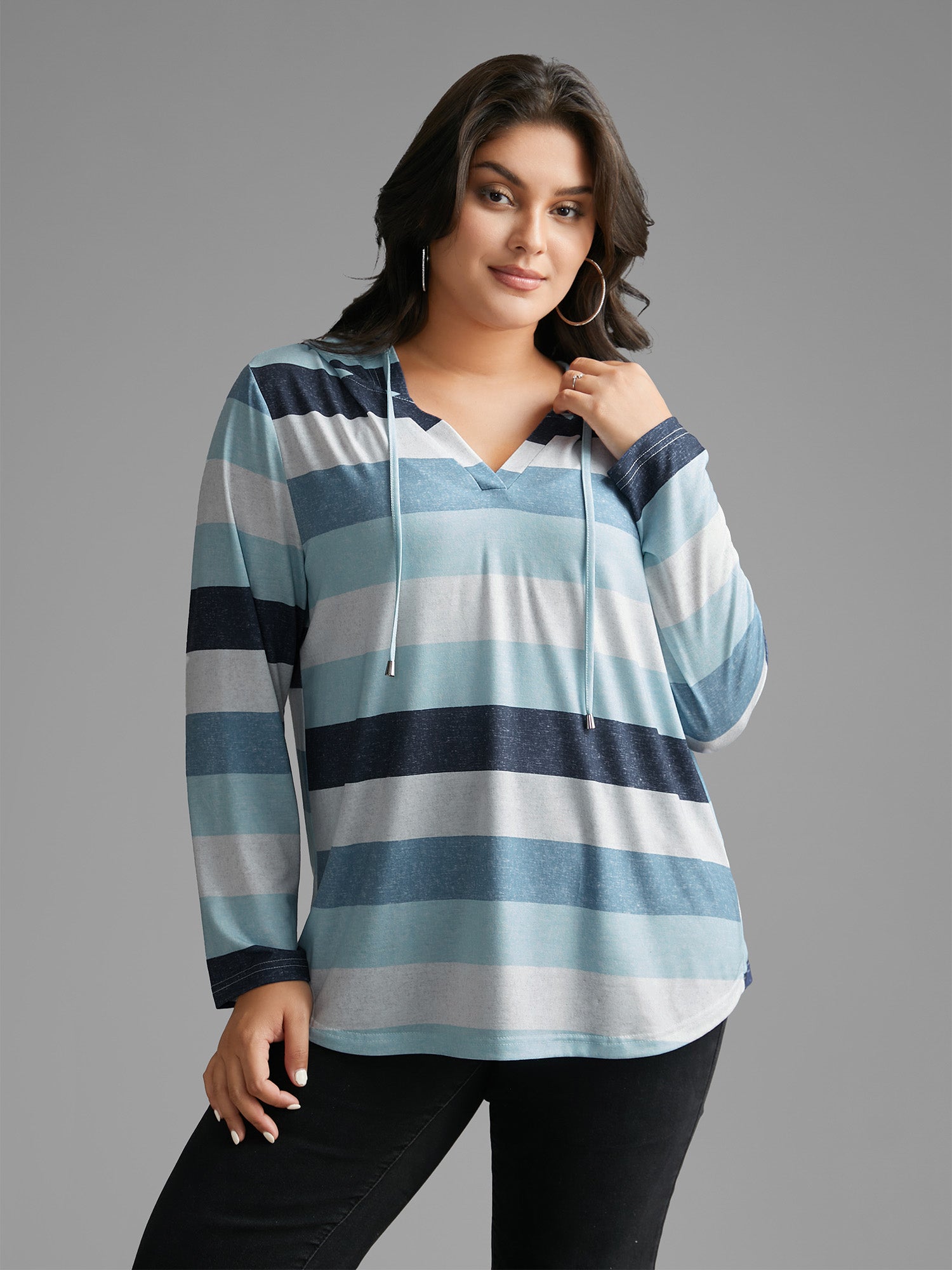 Contrast Striped Hooded Drawstring T-shirt