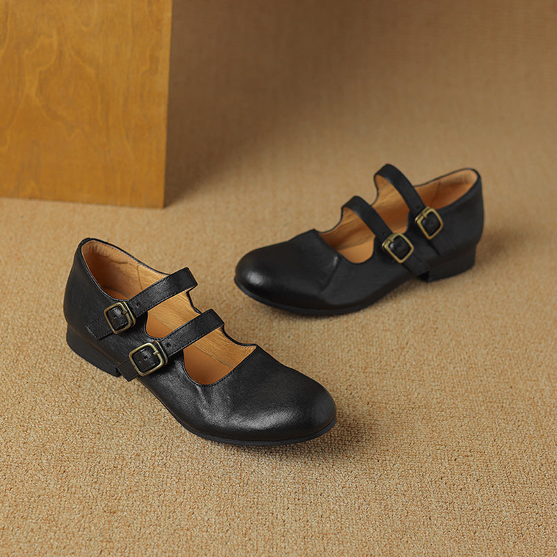 Casual Cow Leather Double Strappy Mary Jane Shoes Dress Shoes in Brown/Black/Khaki