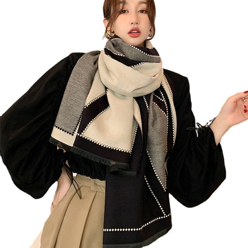 New Large V-Shaped Warm Thickened Double-Sided Cashmere Scarf Women's Office Air Conditioning Shawl Scarf