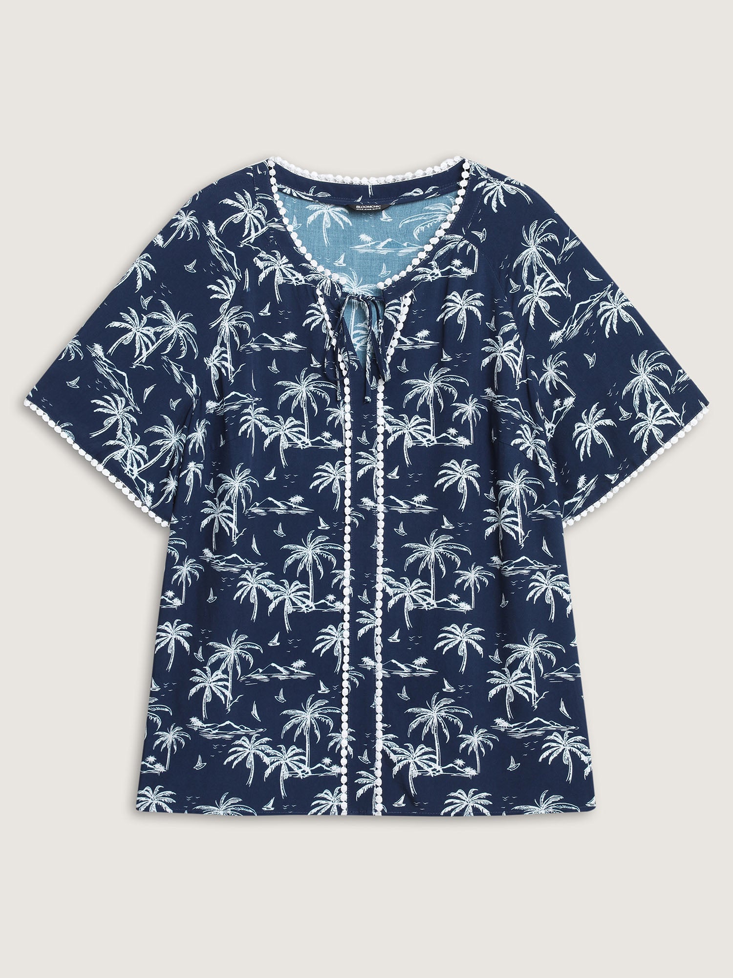 Tropical Print Lace Trim Flowy Blouse