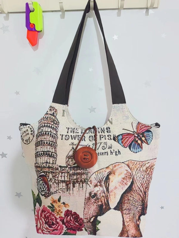 Women's Large Canvas Elephant Ethnic Style Square Zipper Shoulder Bag