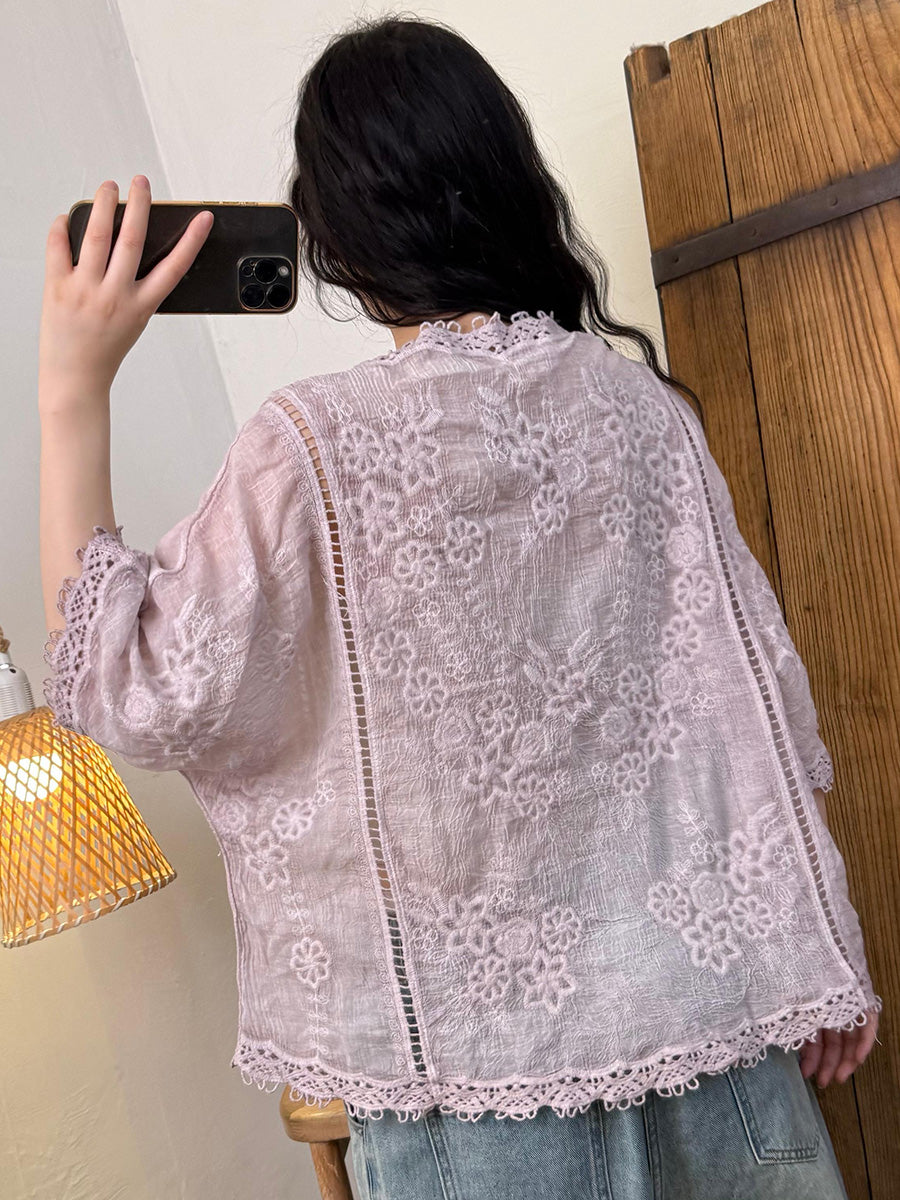 Women Summer Artsy Embroidery Flower Ramie V-Neck Shirt