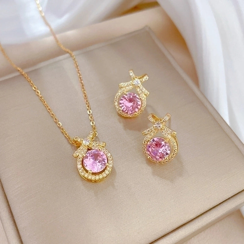 Copper Minimalist Plating Inlay Rhombus Bow Knot Zircon Jewelry Set