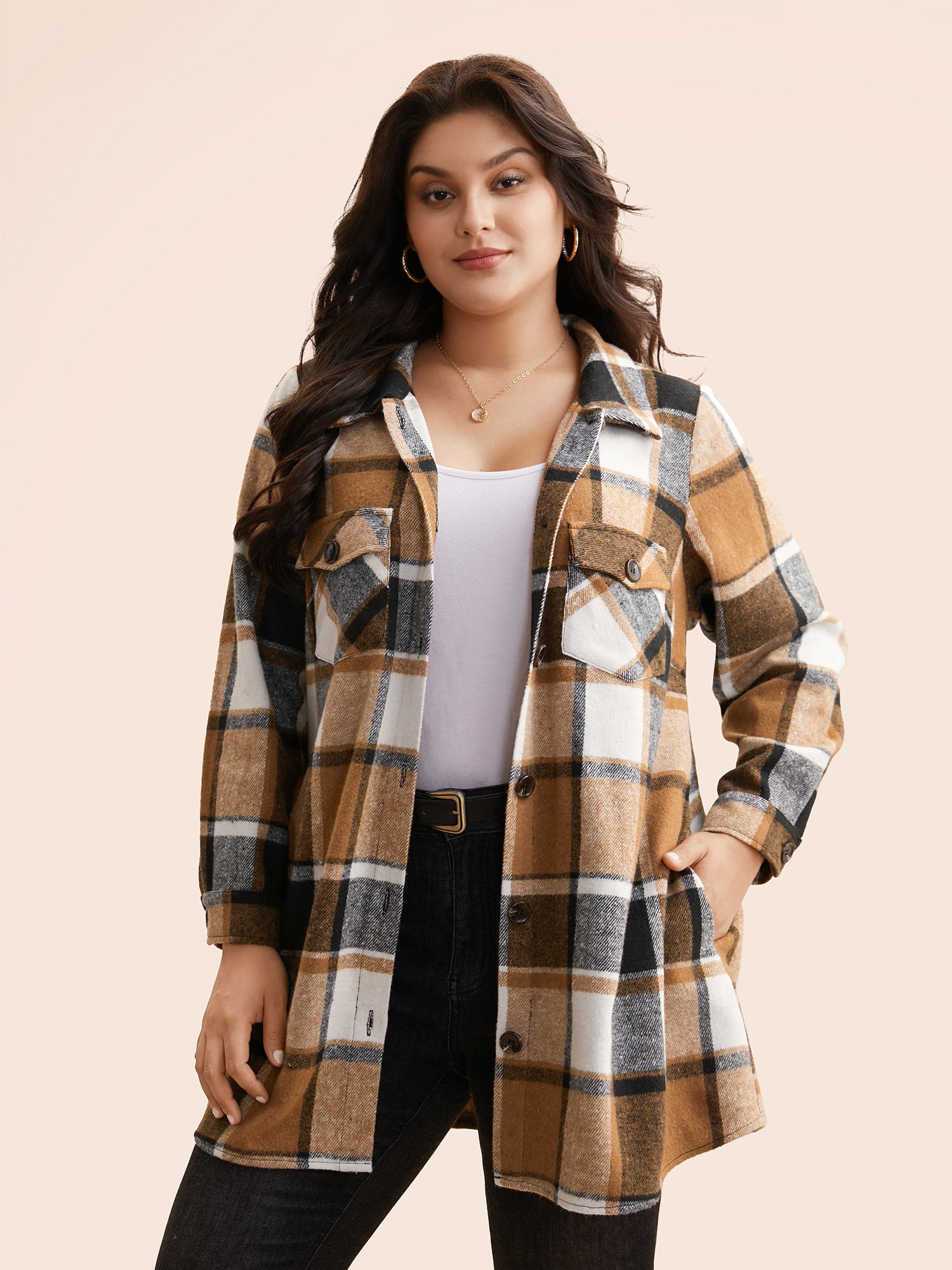 Plaid Chest Pockets Long Jacket