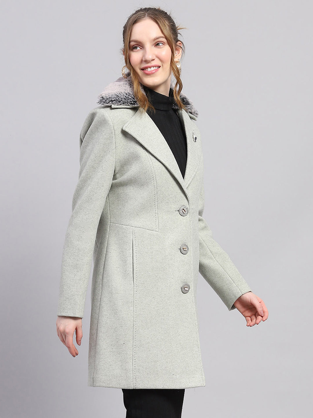 Women Grey Solid Notch lapel Collar Full Sleeve Coat