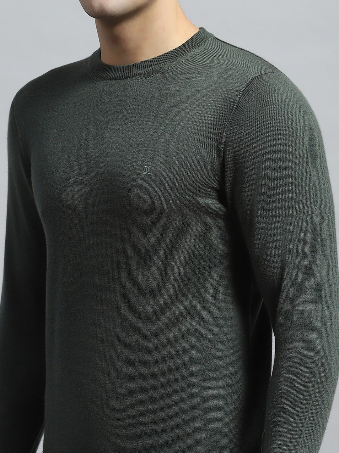 Men Olive Solid Round Neck Full Sleeve Pullover