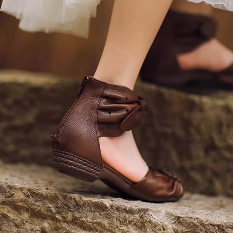 Vintage Leather Mori Girl Style Soft Sole Roman Sandals Boots with Back Zipper in Brown/Black