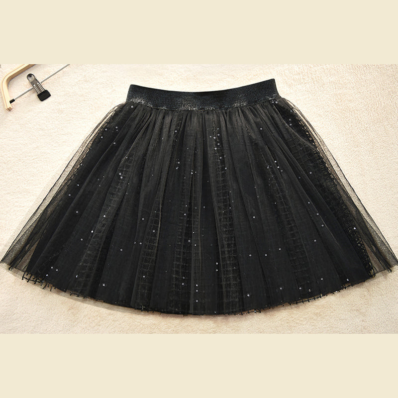 Diy Black Sequins Hollow Out tulle Pleated Skirt Summer