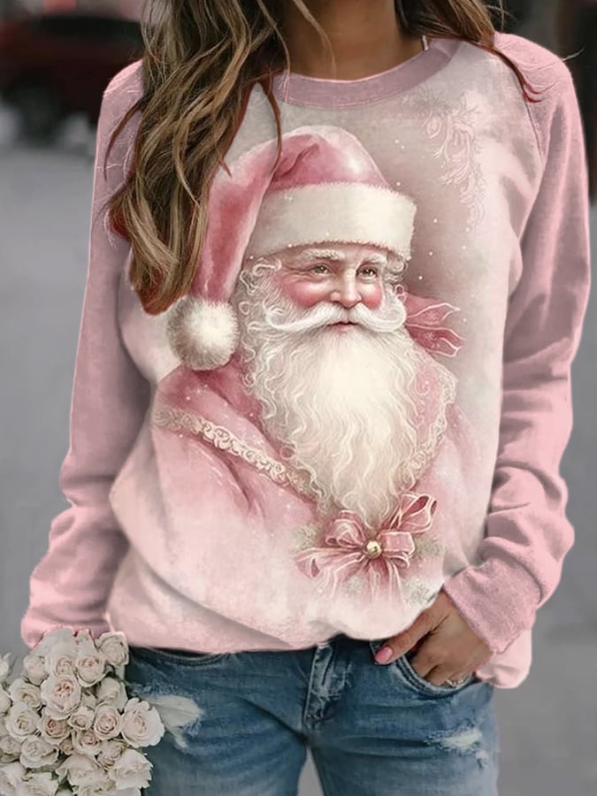 Women's Pink Santa Claus Print Christmas Casual Sweatshirt