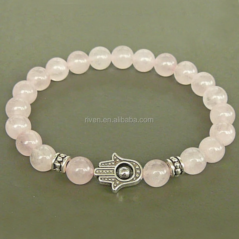 SN0795 Rose Quartz Hamsa Women Beaded Natural Rose Quartz Bracelets Energy Yoga Wrist