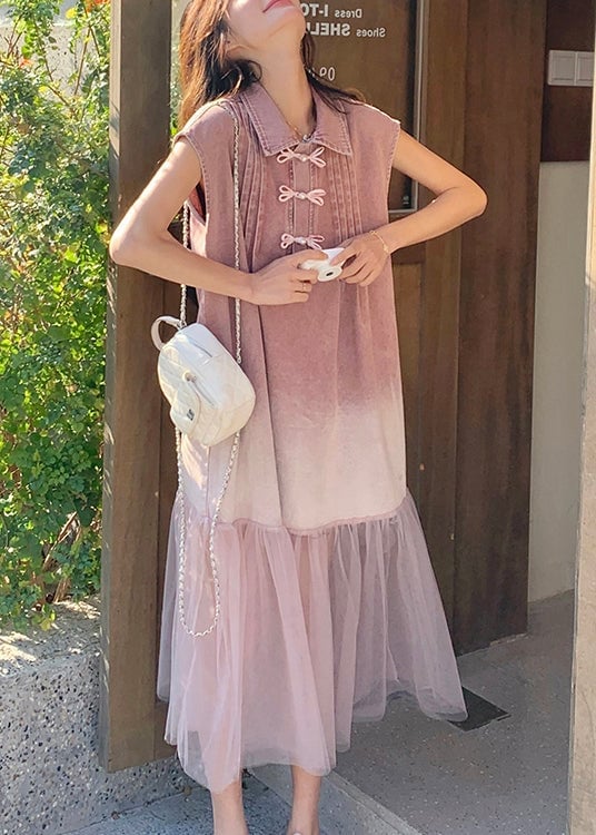 2025 Summer Retro Pink Gradient Tulle Splicing Denim Shirt Skirt Dress