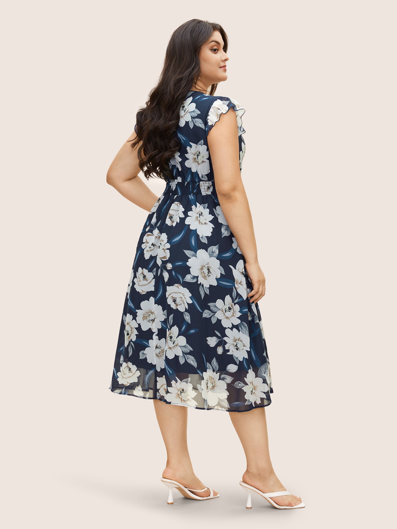 Chiffon Floral Ruffle Cap Sleeve Dress