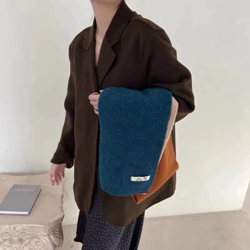 New Autumn And Winter Style Contrast Color Scarf Female Neck Protection Korean Cute Student Warm Knitted Scarf Male