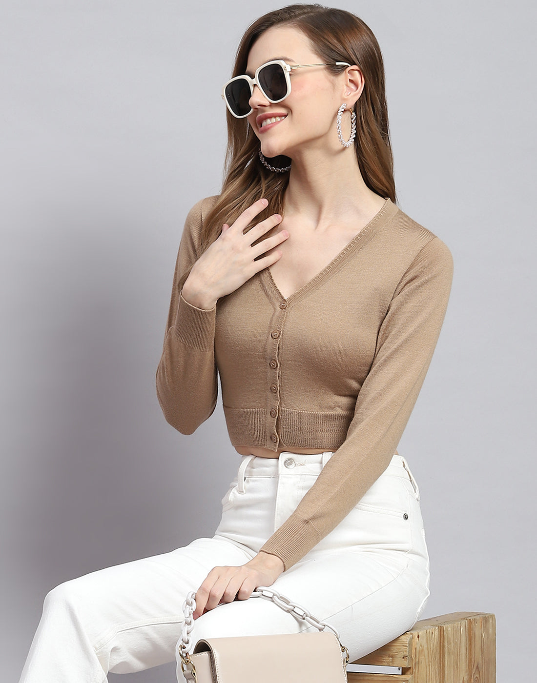 Women Brown Solid V Neck Full Sleeve Blouse