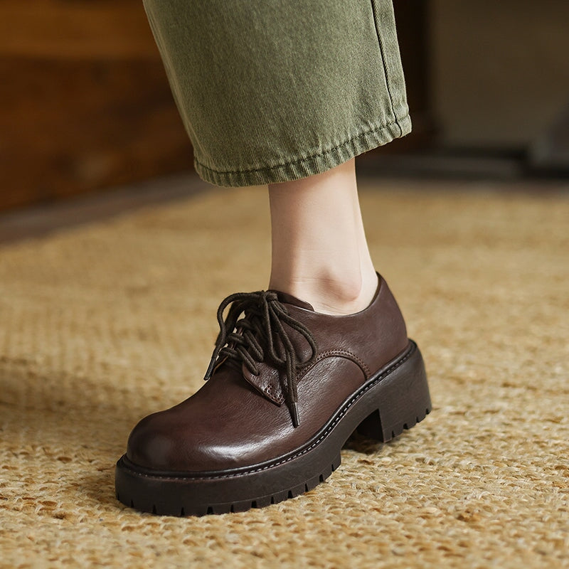 50mm Heel Vintage Waxed Cow Leather Chunky Oxford Shoes in Black/Brown