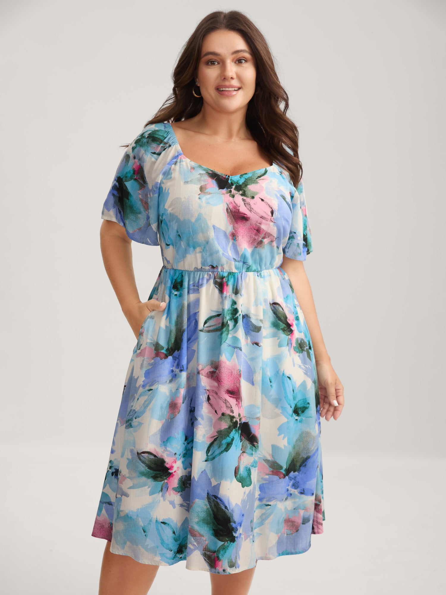 Floral Print Sweetheart Neck Pockets Midi Dress