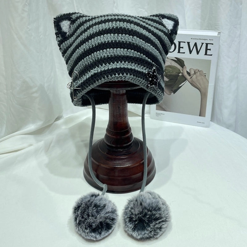 Japanese Style Cute Little Devil Cat Ear Fur Ball Wool Hat Women's Autumn And Winter Warm Small Face Ear Protection Knitted Hat