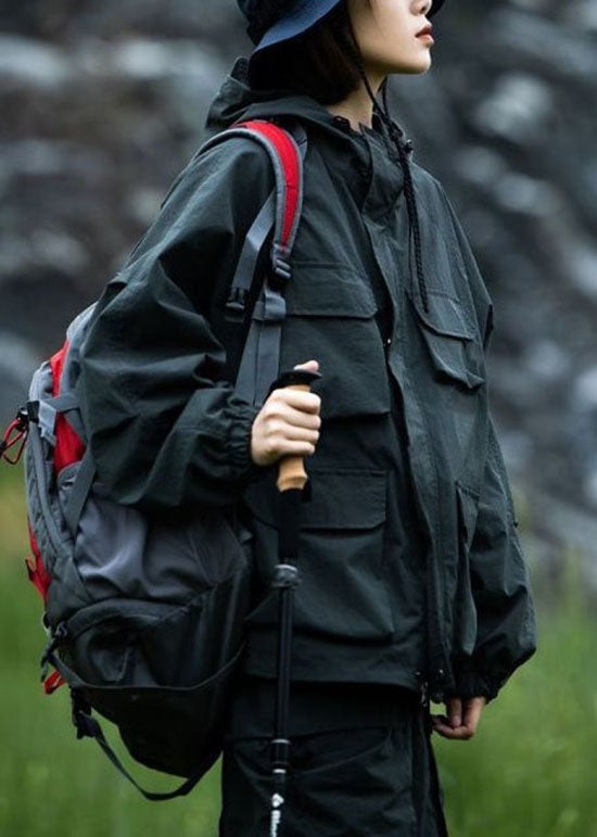 Casual Army Green Hooded Pockets Drawstring Coat Spring